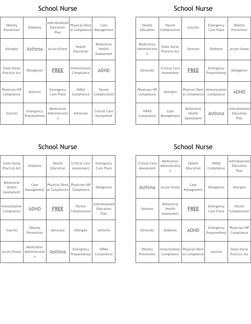 School Nurse Bingo Cards