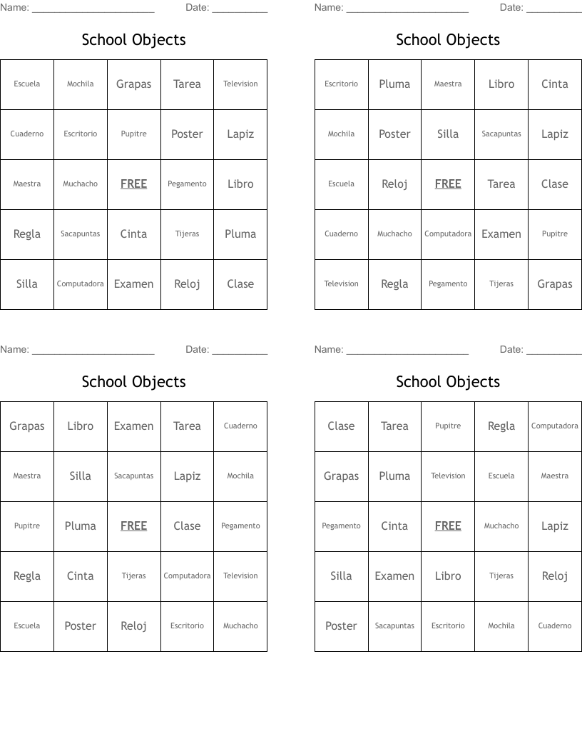School Objects Bingo Cards