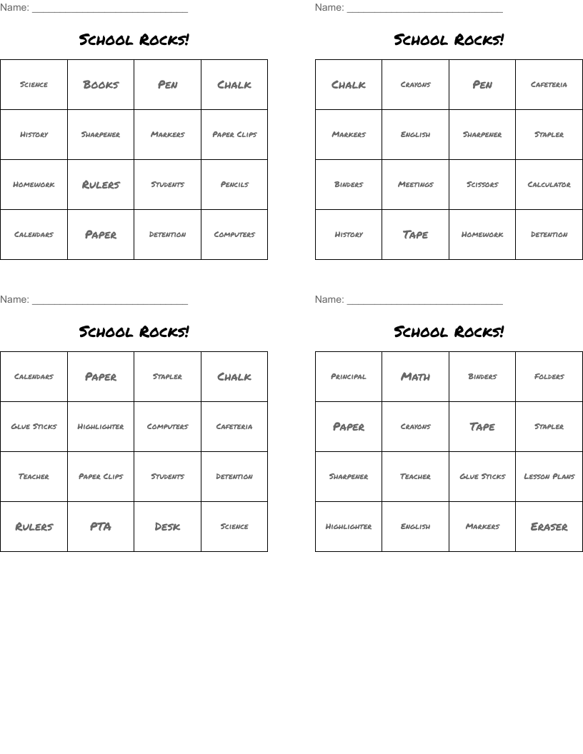 School Rocks! Bingo Cards