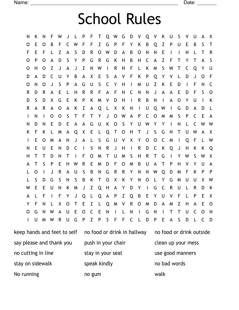 School Rules Word Search