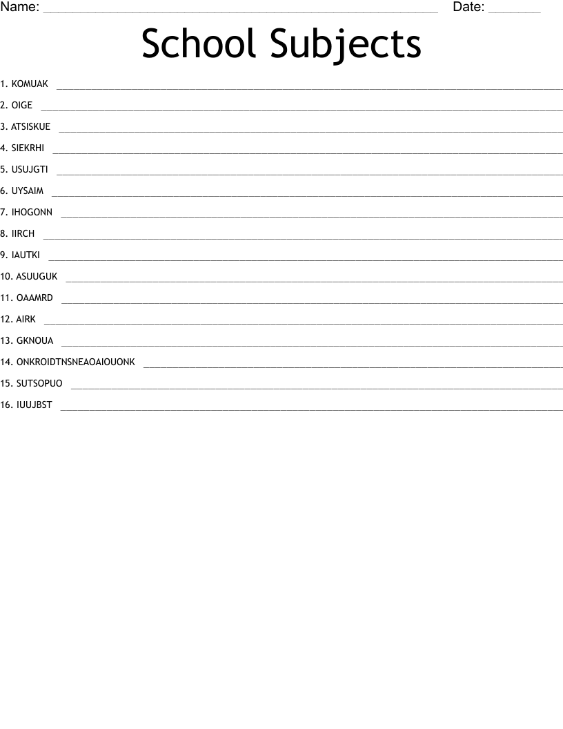 School Subjects Word Scramble
