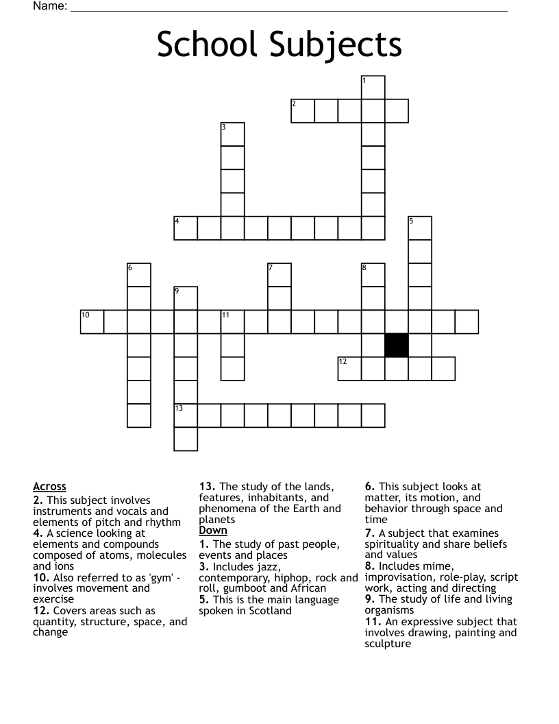 School Subjects Crossword