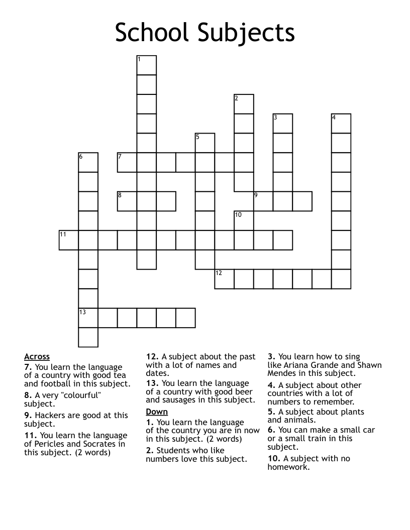 School Subjects Crossword