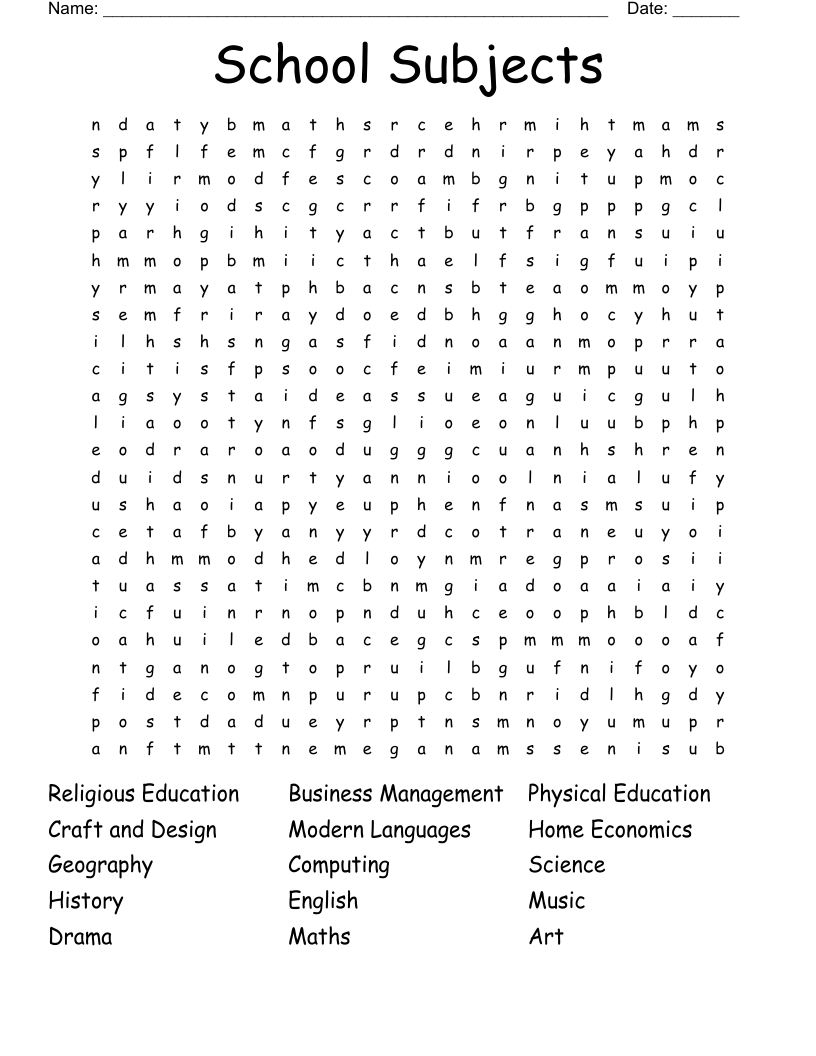 School Subjects Word Search