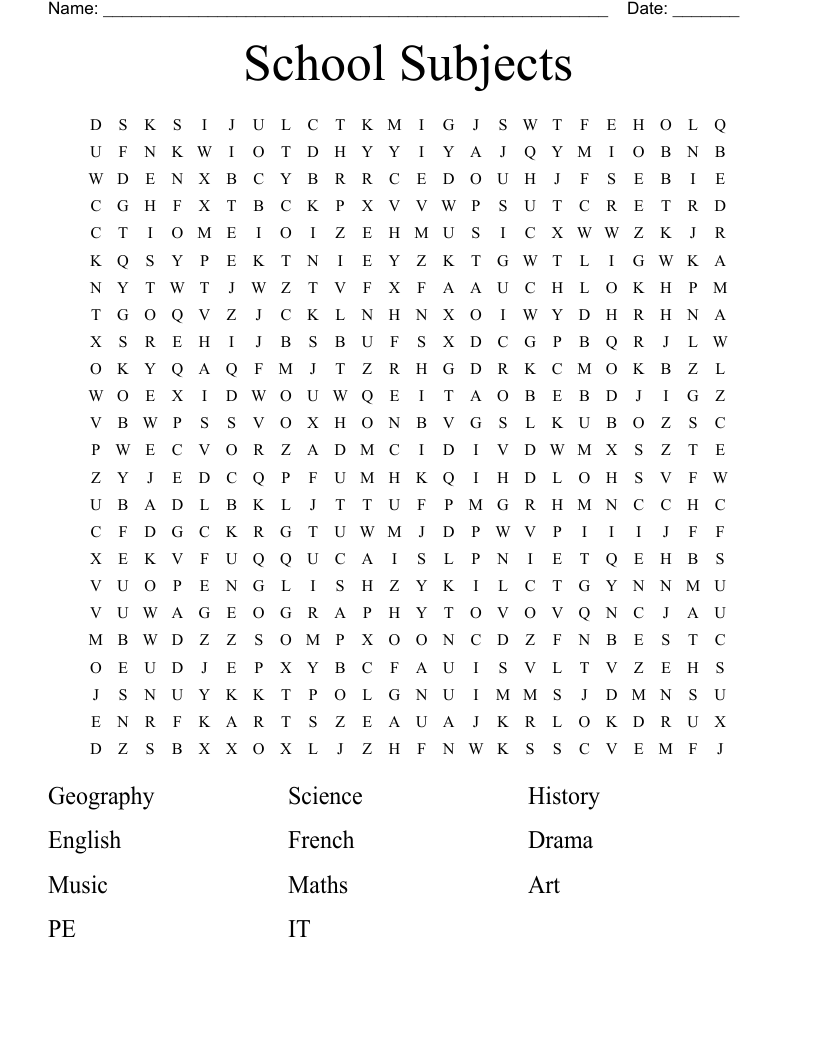School Subjects Word Search