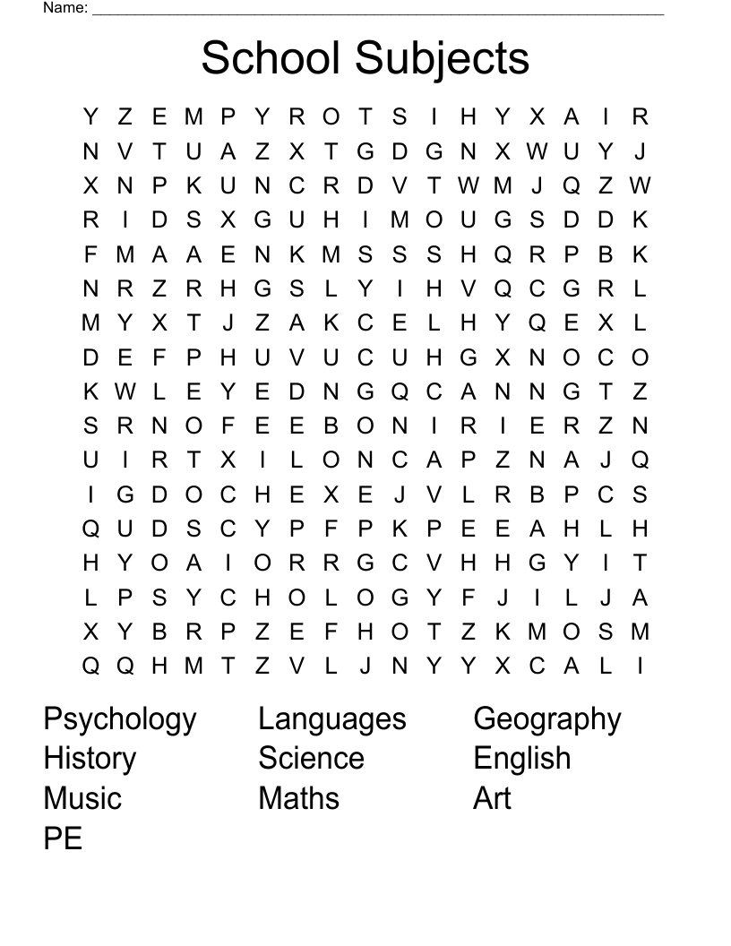 School Subjects Word Search