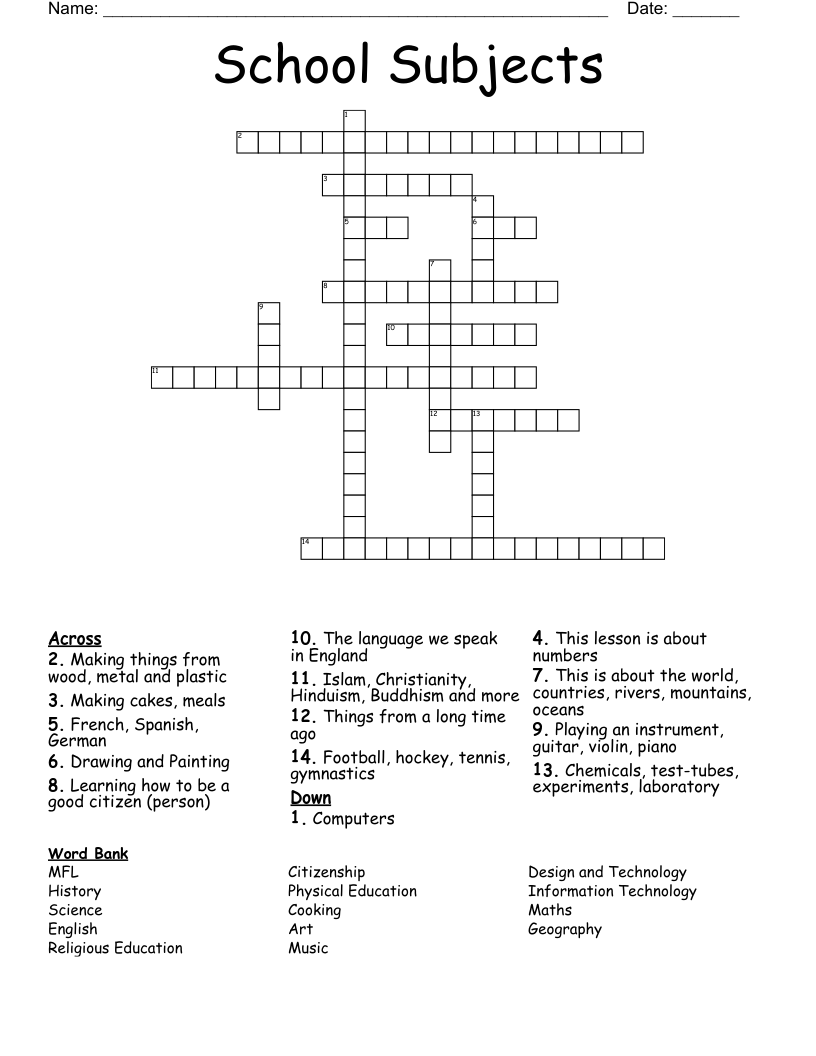 School Subjects Crossword