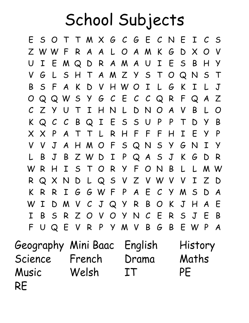School Subjects Word Search