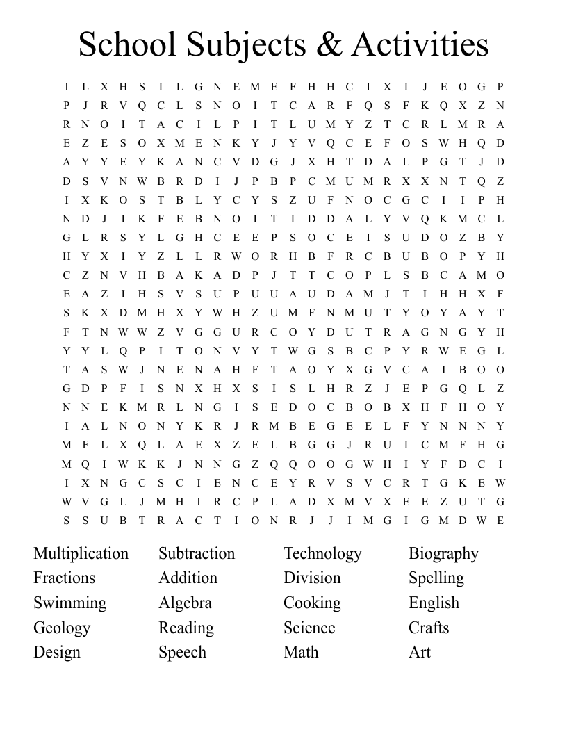School Subjects & Activities Word Search