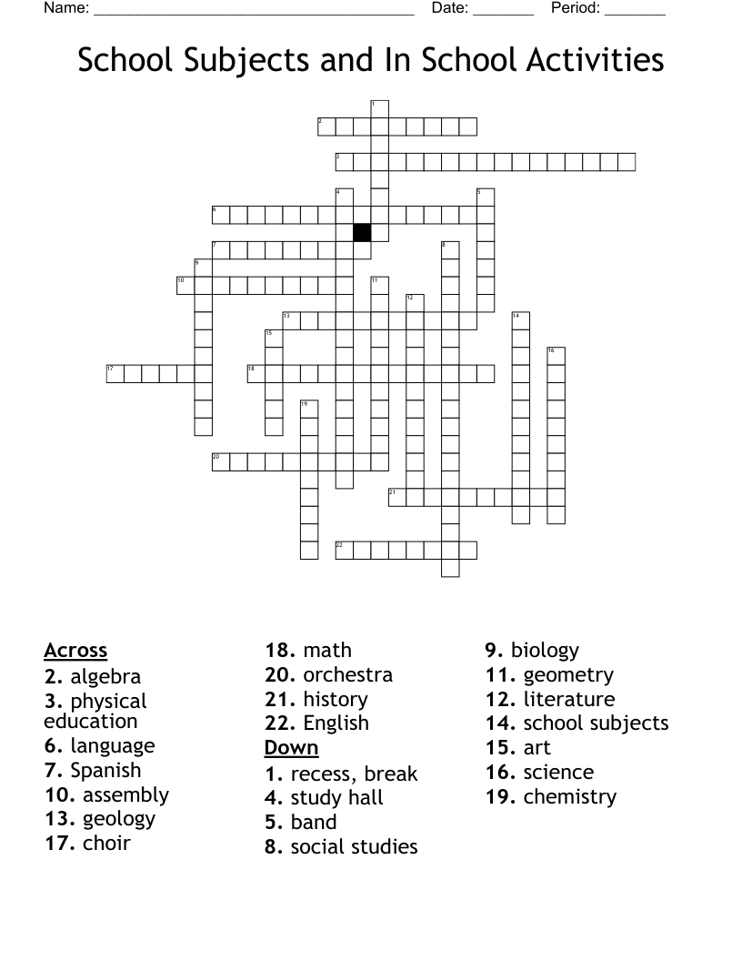 School Subjects and In School Activities Crossword