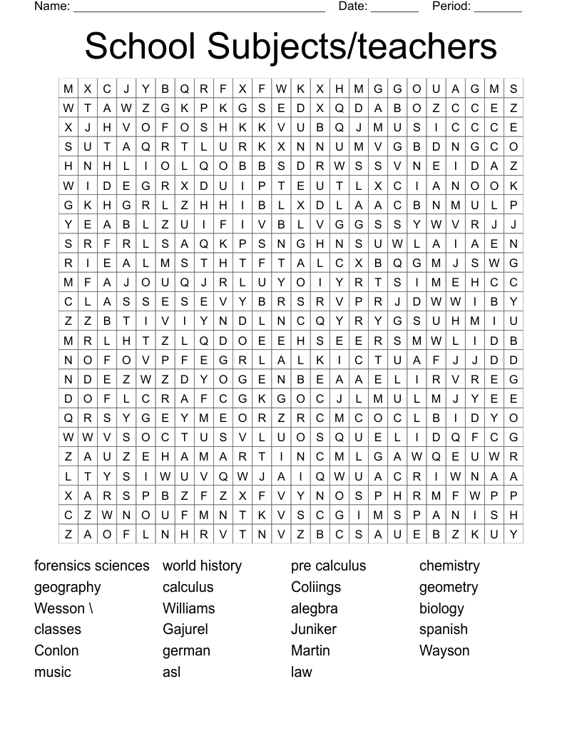 School Subjects/teachers Word Search