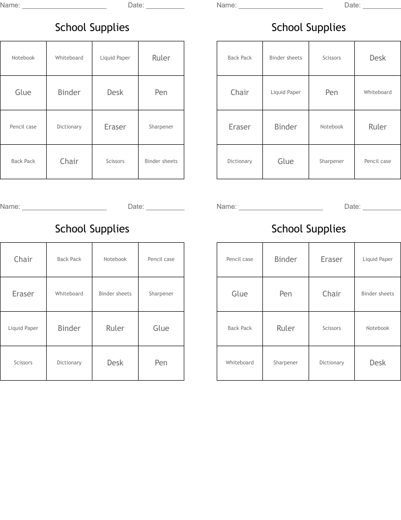 School Supplies Bingo Cards