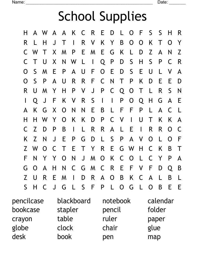 School Supplies Word Search