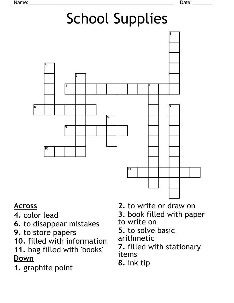 School Supplies Crossword