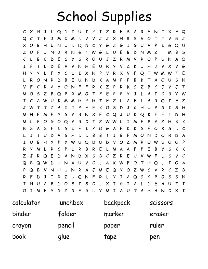 School Supplies Word Search