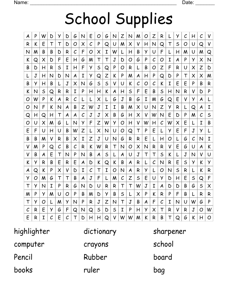 School Supplies Word Search