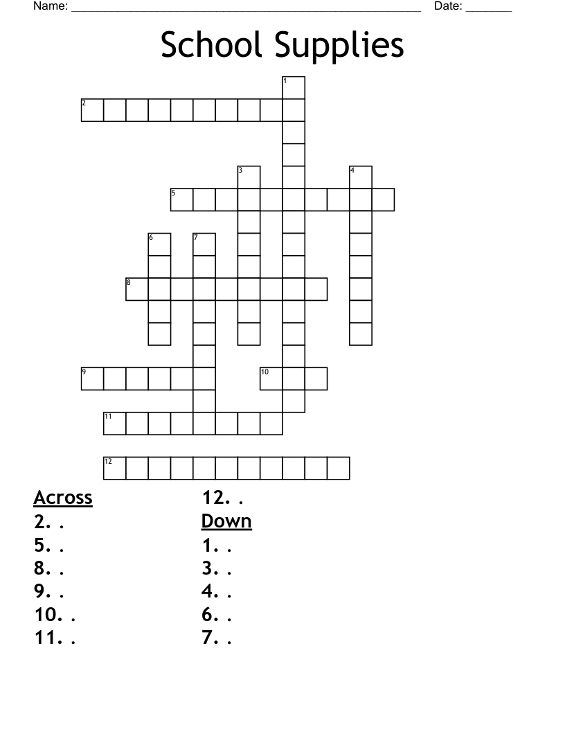 School Supplies Crossword