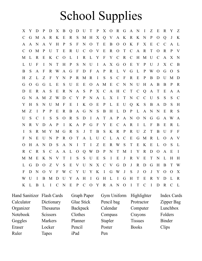 School Supplies Word Search