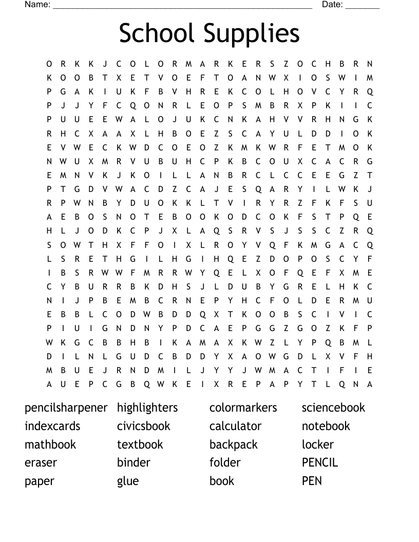 School Supplies Word Search