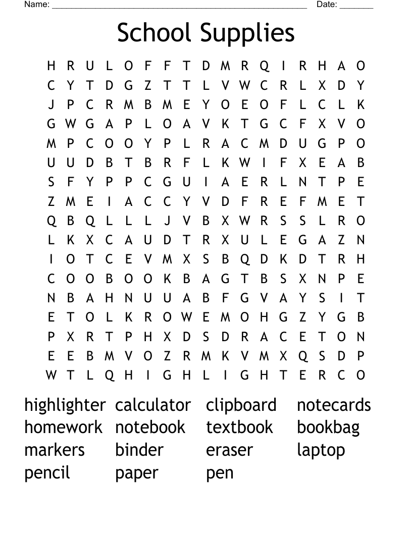 School Supplies Word Search
