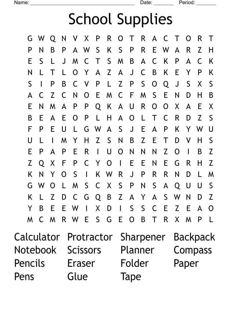 School Supplies Word Search