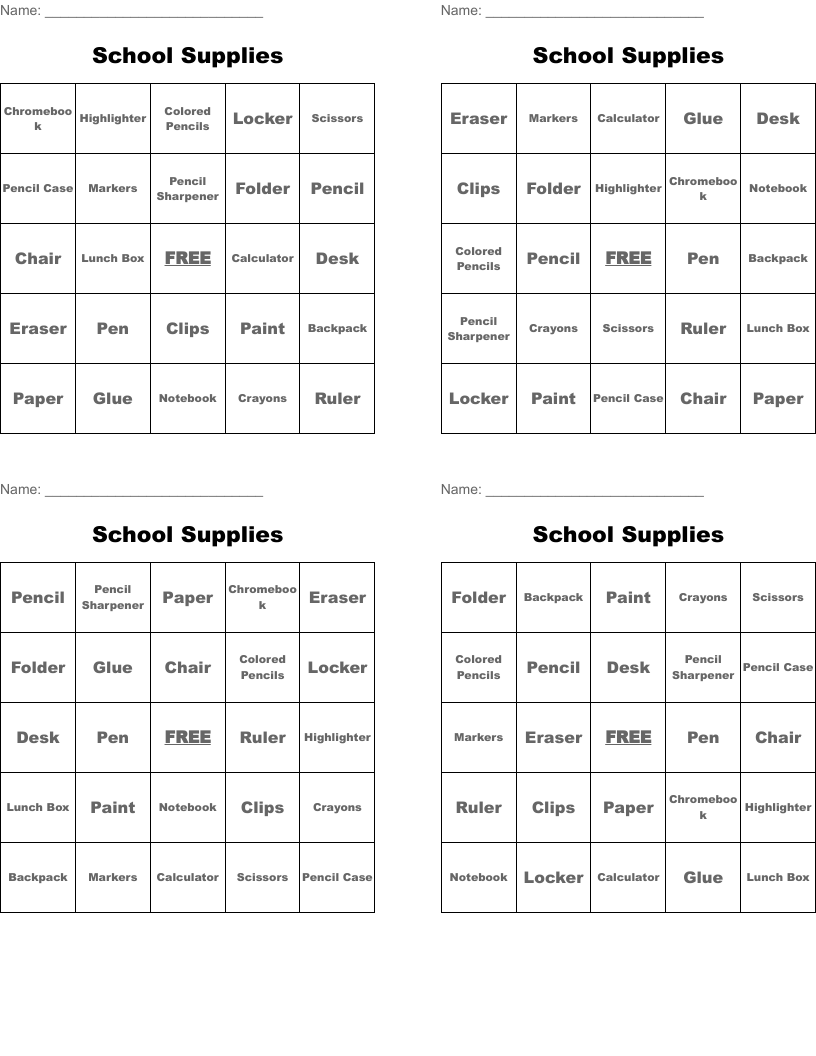 School Supplies Bingo Cards