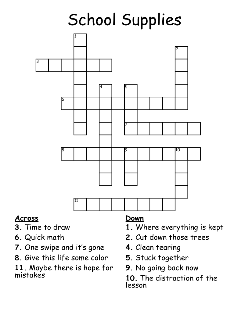 School Supplies Crossword