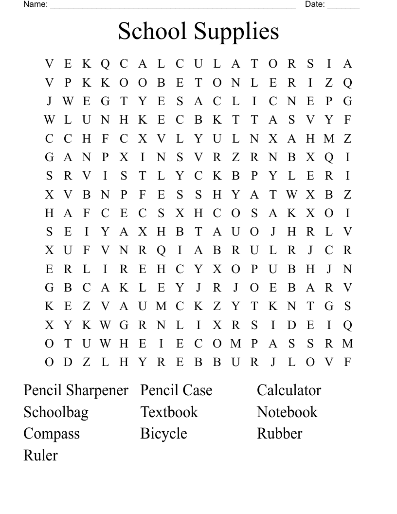 School Supplies Word Search