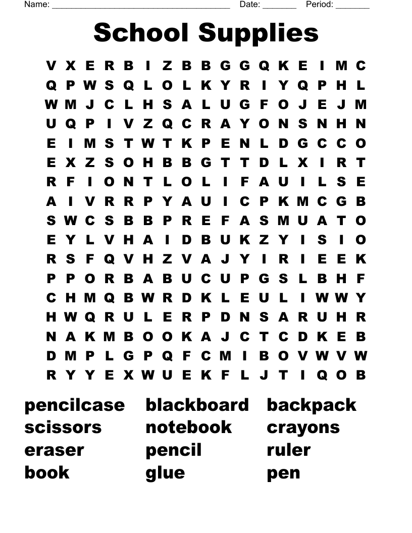 School Supplies Word Search