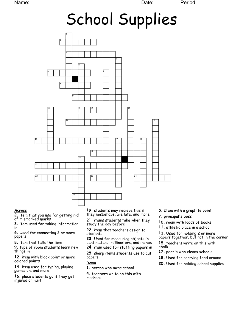 School Supplies Crossword