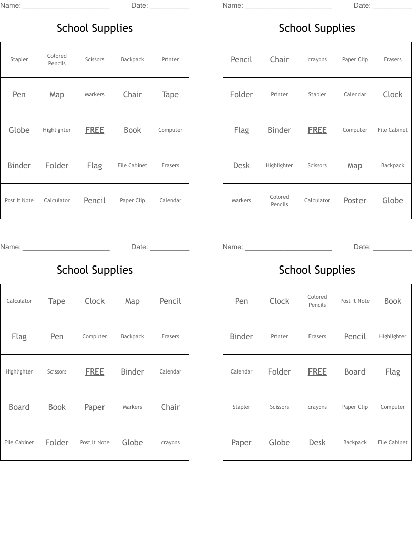 School Supplies Bingo Cards