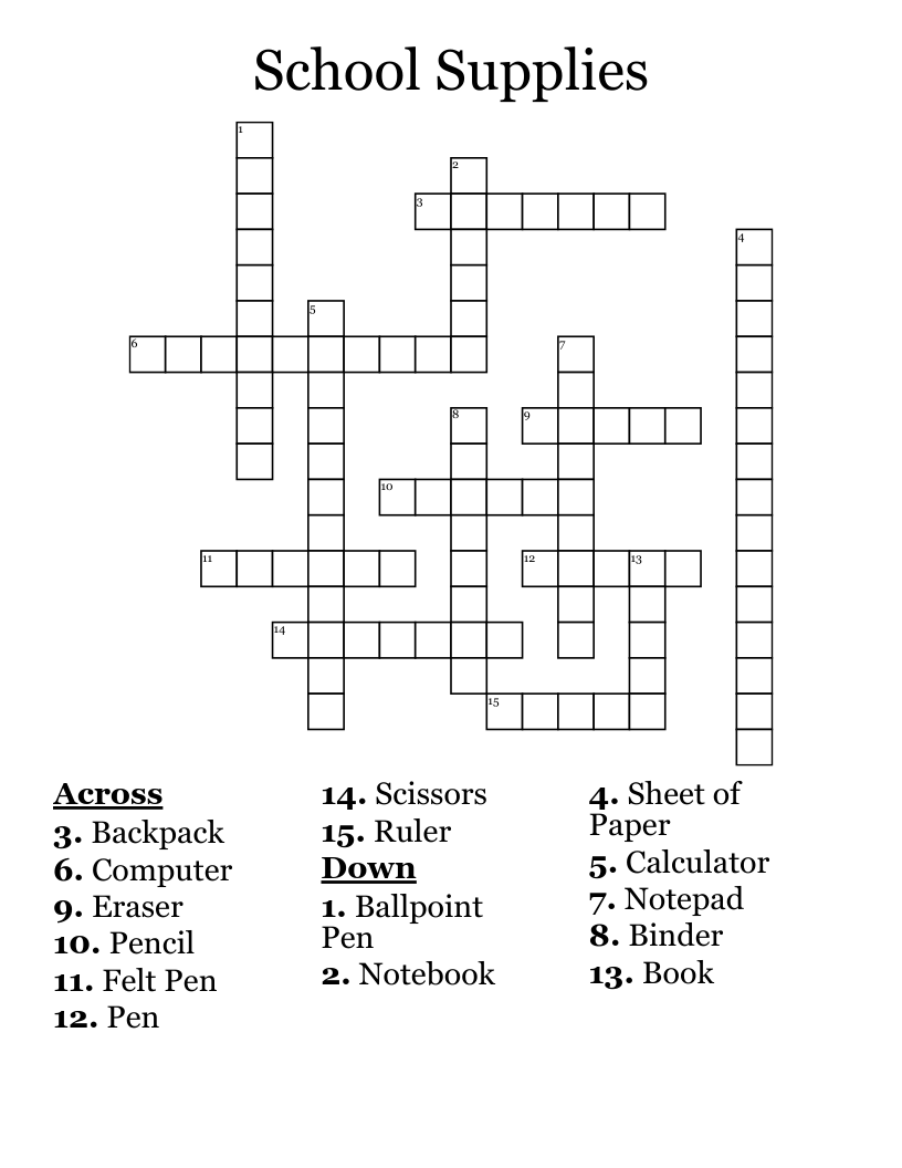 School Supplies Crossword
