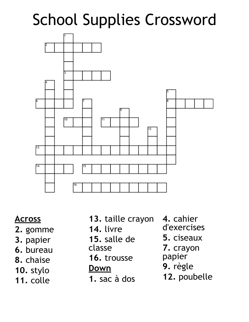 School Supplies Crossword