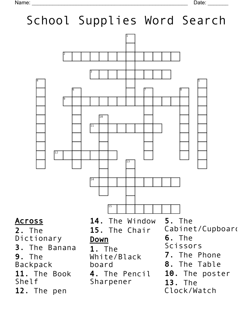 School Supplies Word Search Crossword