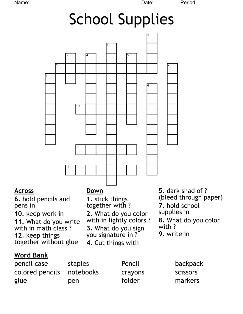 School Supplies  Crossword