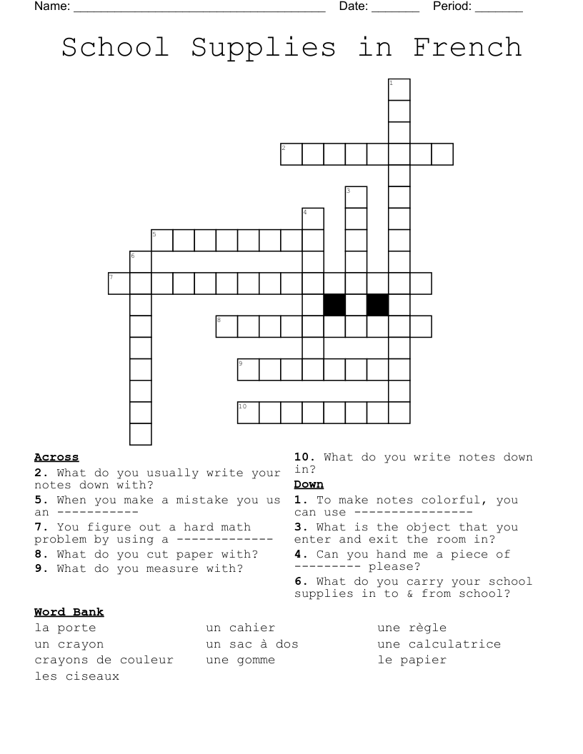 School Supplies in French Crossword