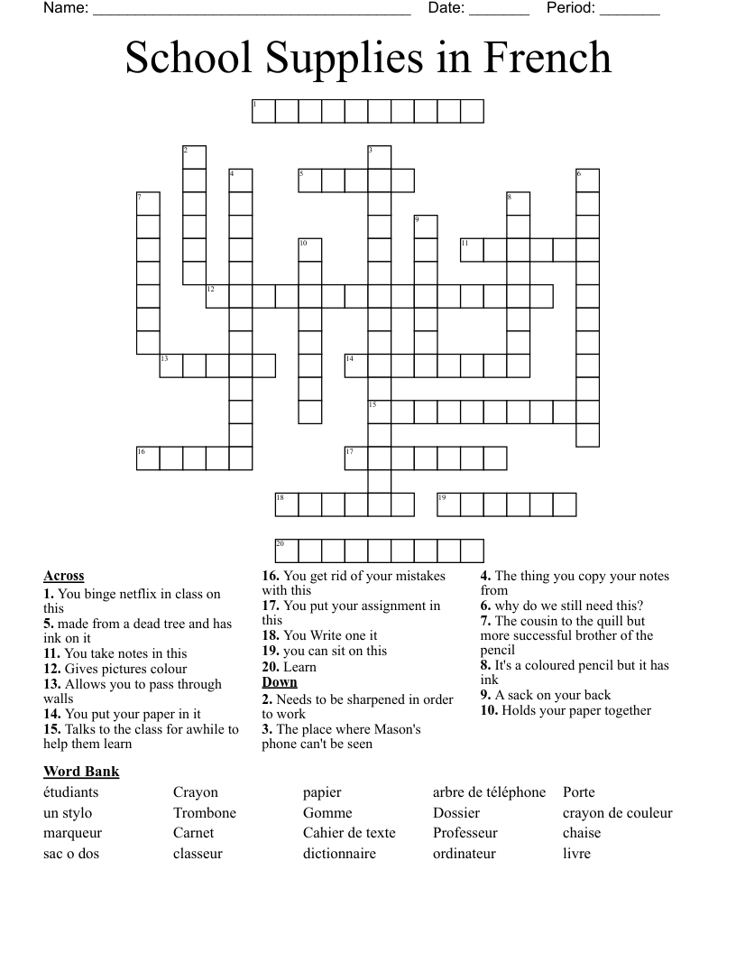 School Supplies in French Crossword