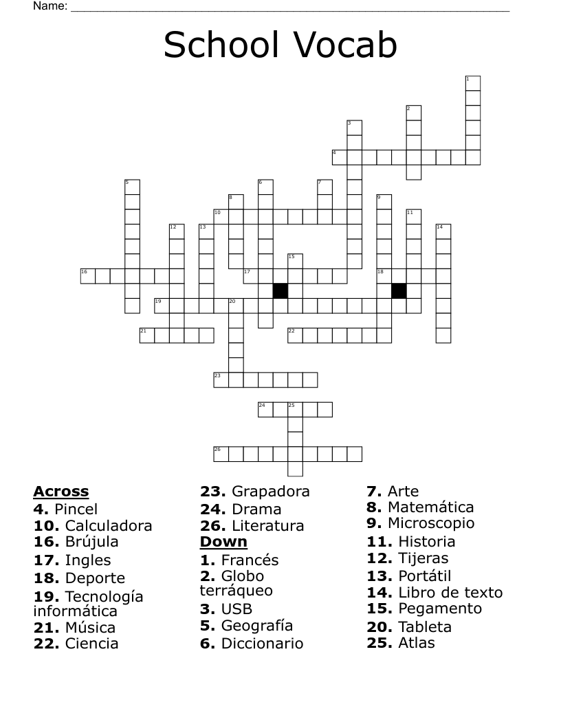 School Vocab Crossword