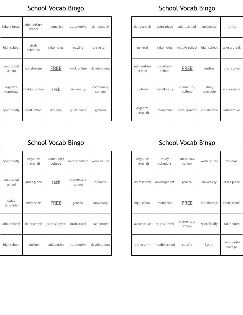 School Vocab Bingo