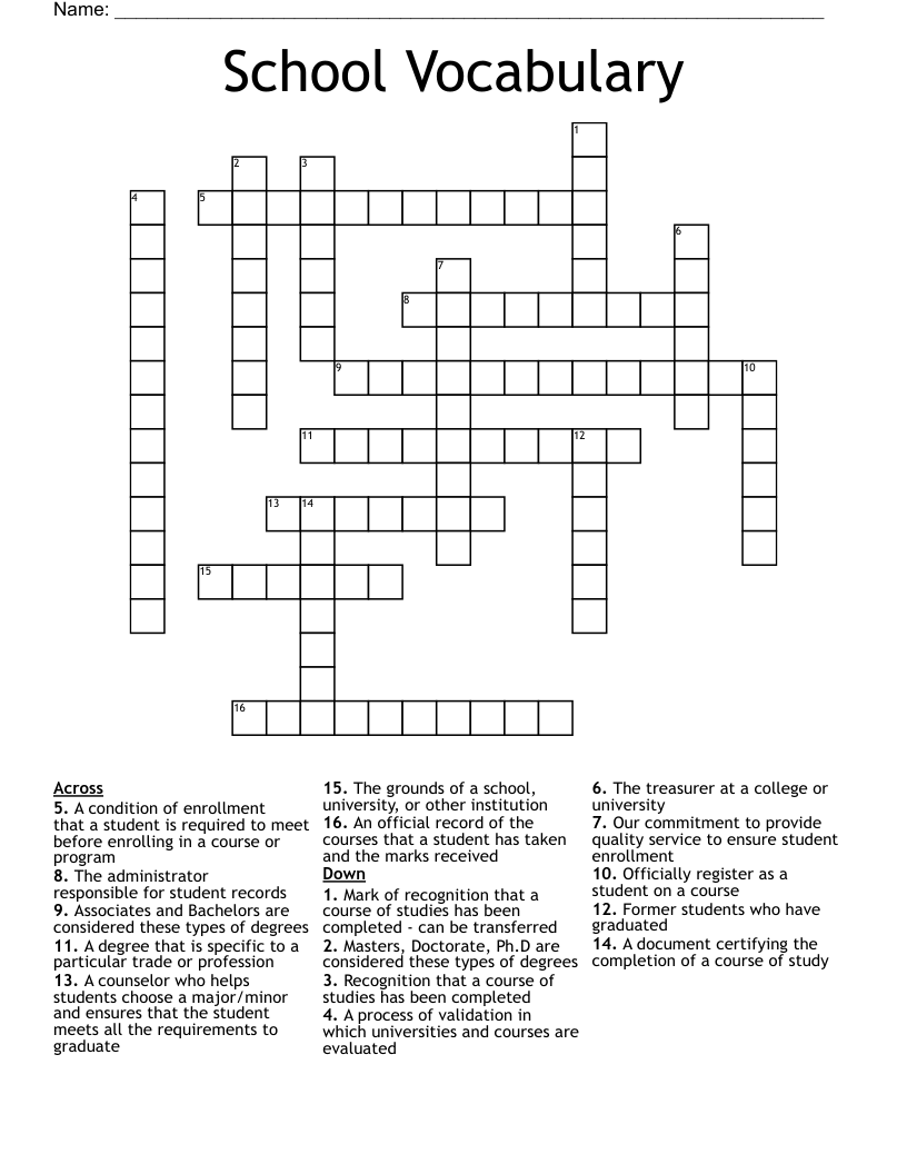 School Vocabulary Crossword