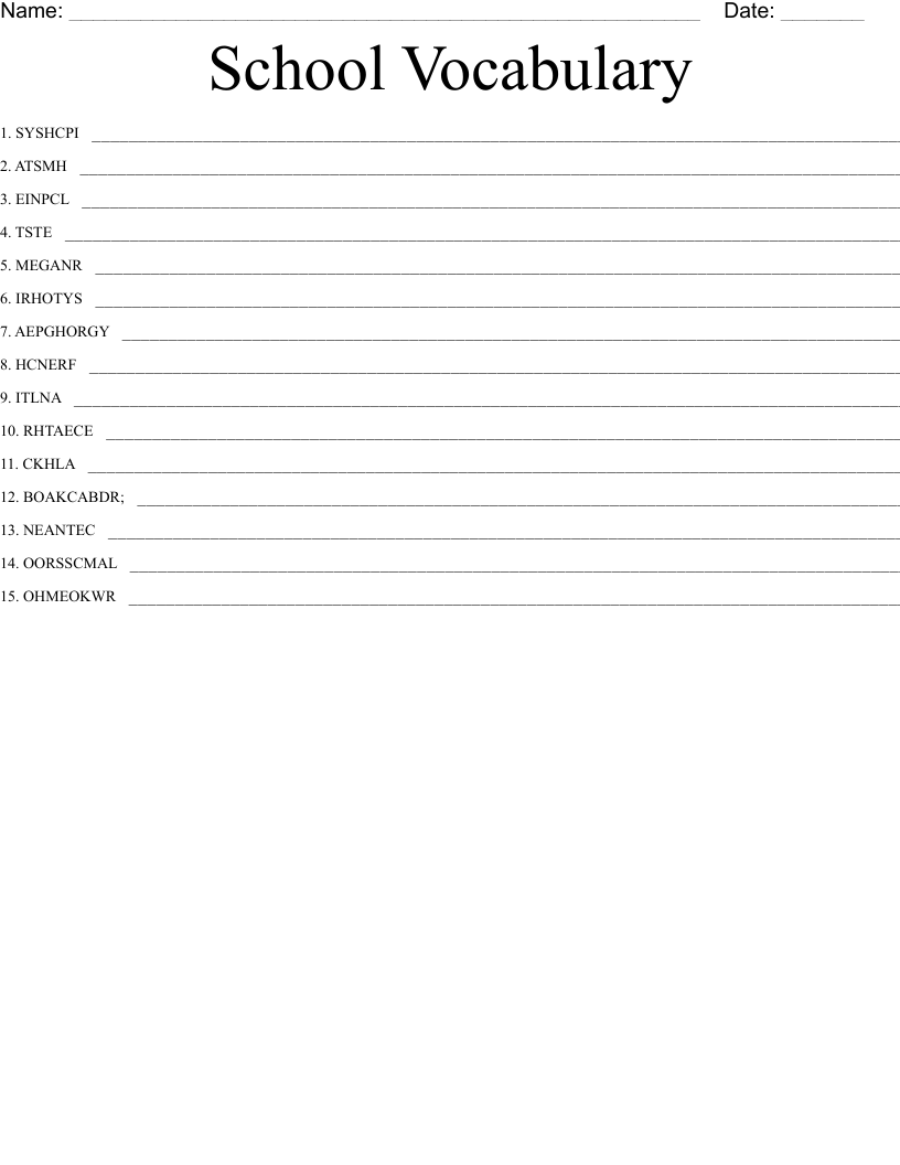 School Vocabulary Word Scramble