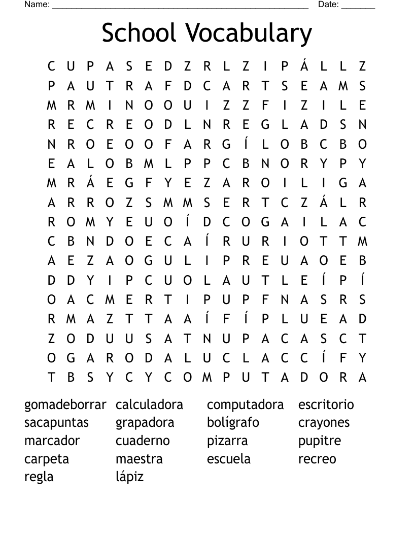 School Vocabulary Word Search