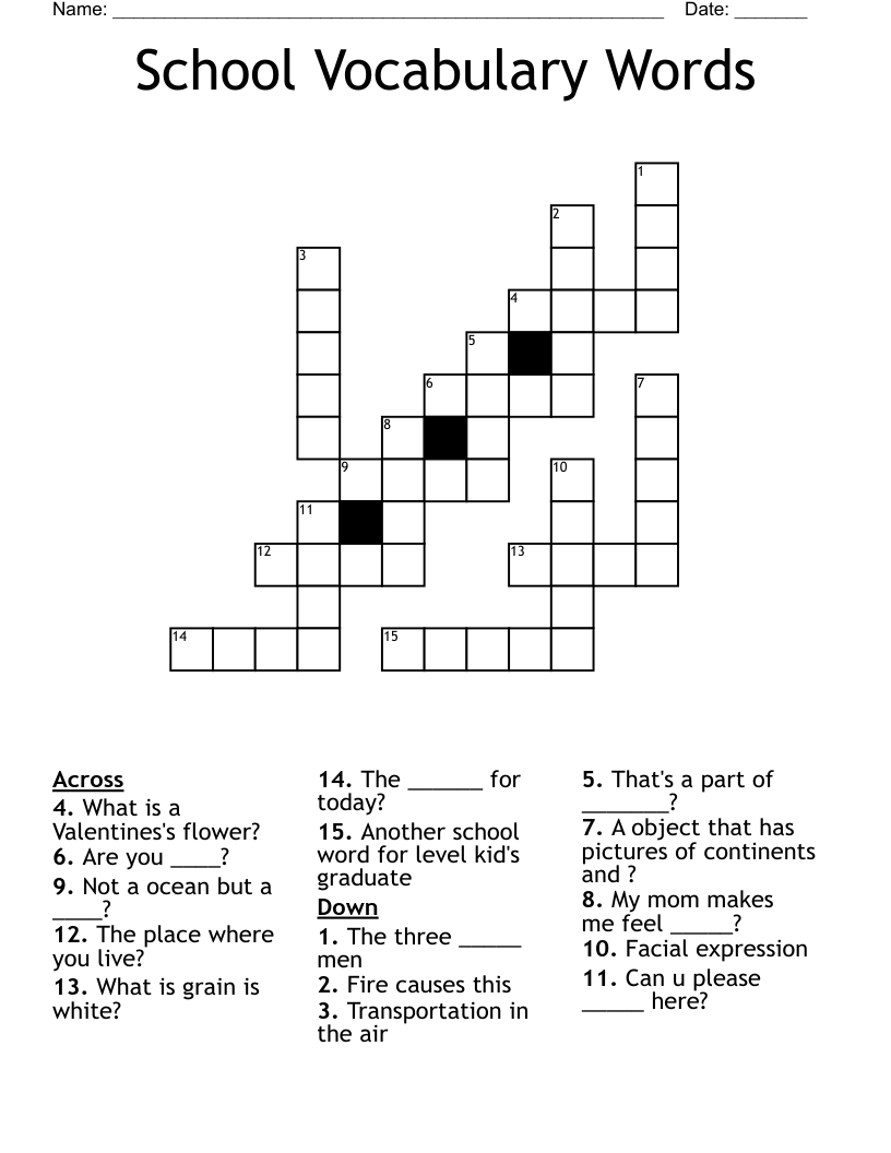 School Vocabulary Words Crossword