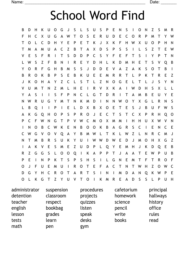 School Word Find Word Search