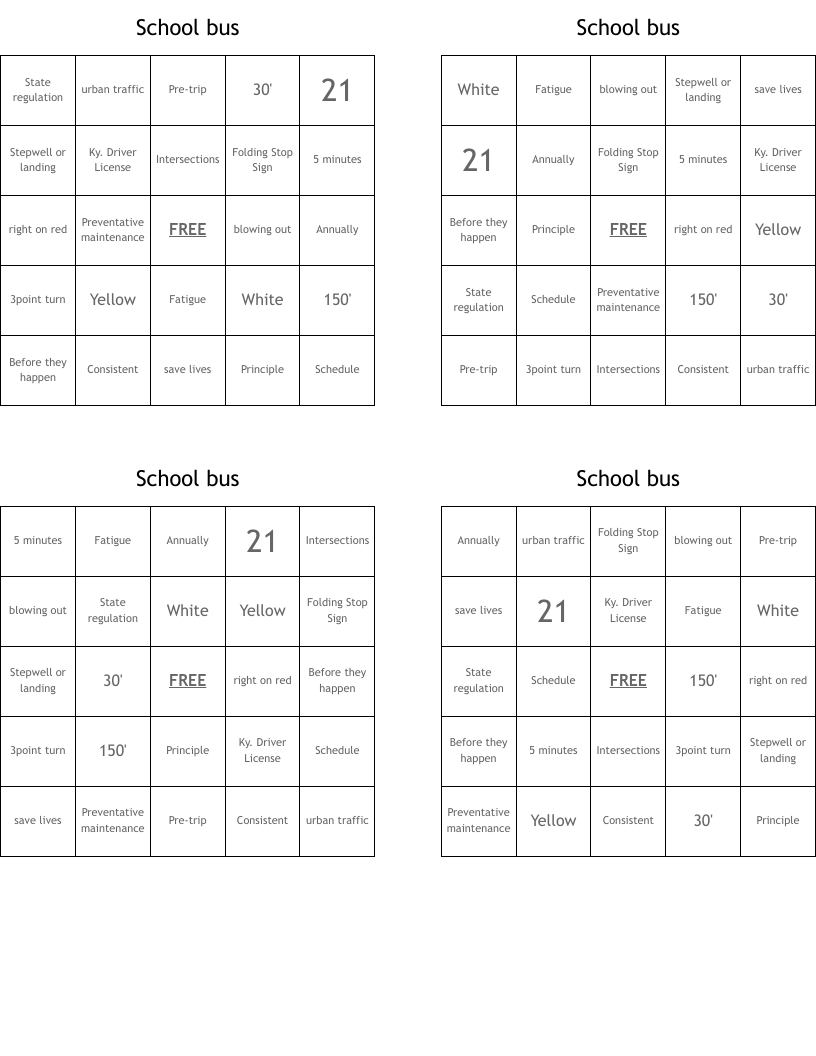 School bus Bingo Cards