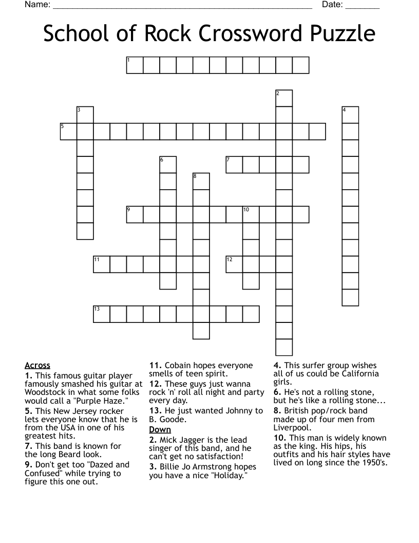 School of Rock Crossword Puzzle