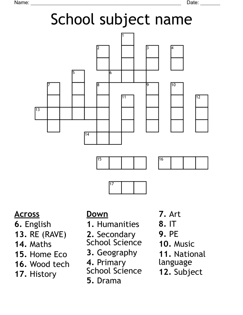 School subject name Crossword