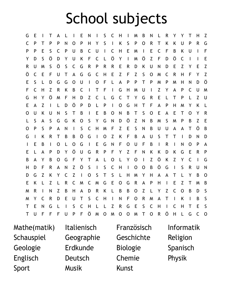 School subjects Word Search