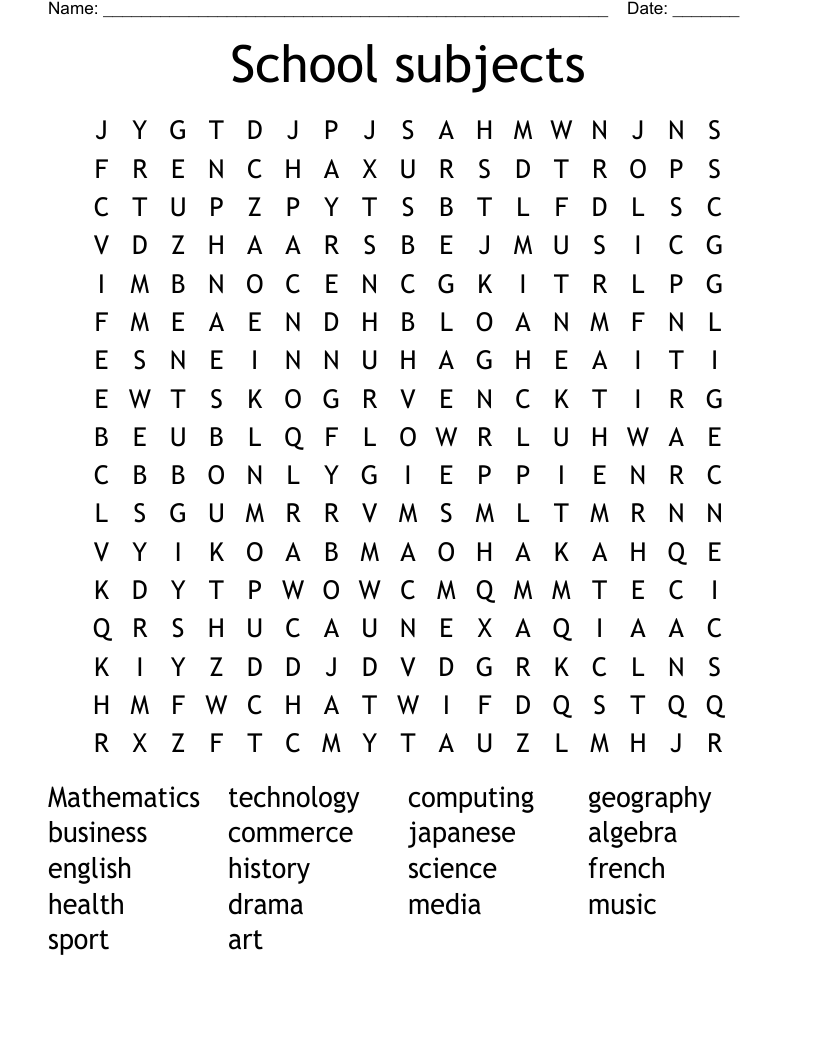 School subjects Word Search