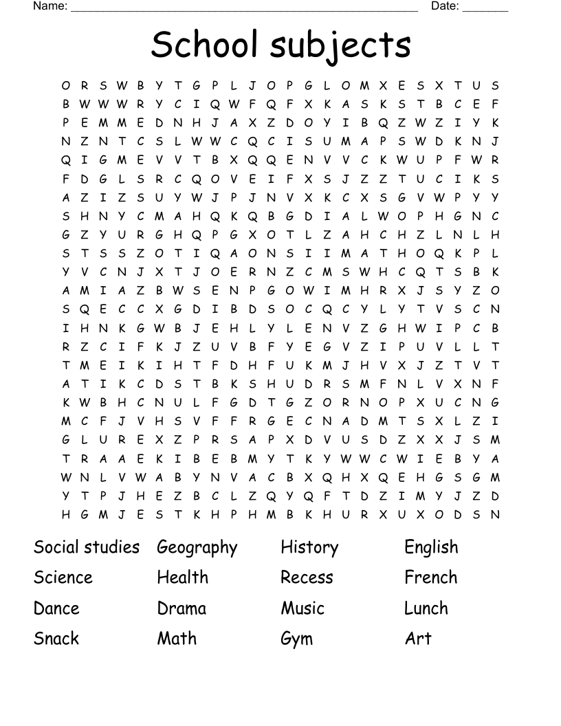School subjects Word Search
